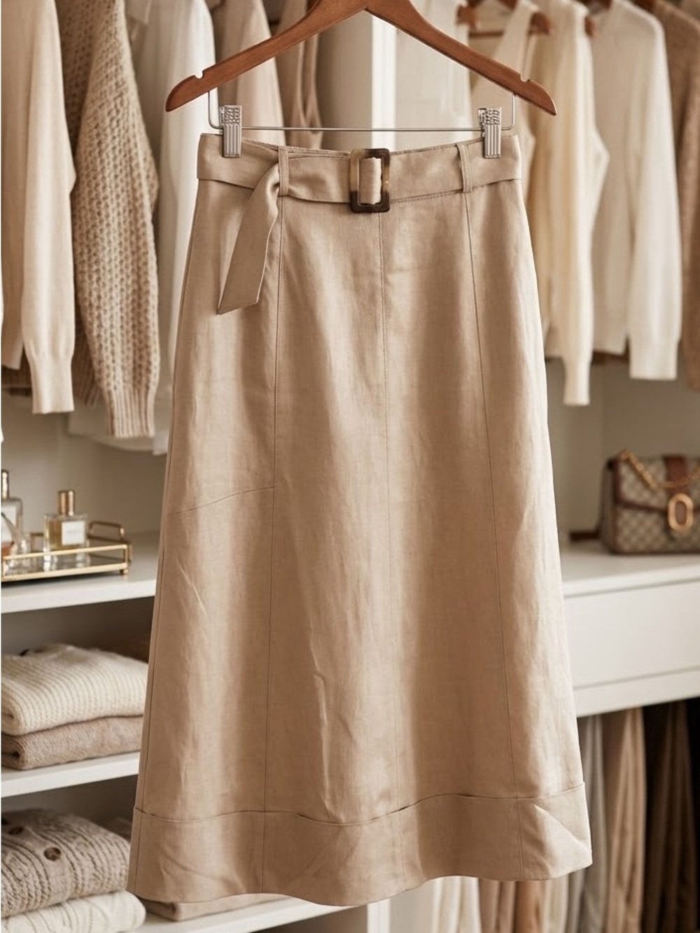 Ann Taylor Beige A-Line Midi Skirt with Belt